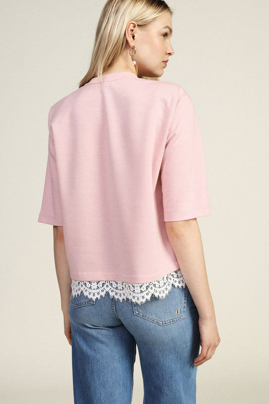 T-shirt maniche corte con bordo in pizzo