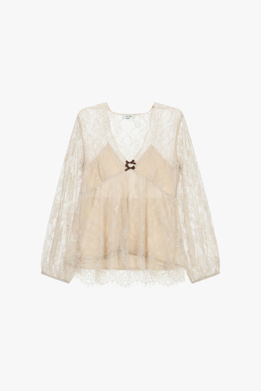 Top in pizzo con maniche lunghe e fiocco