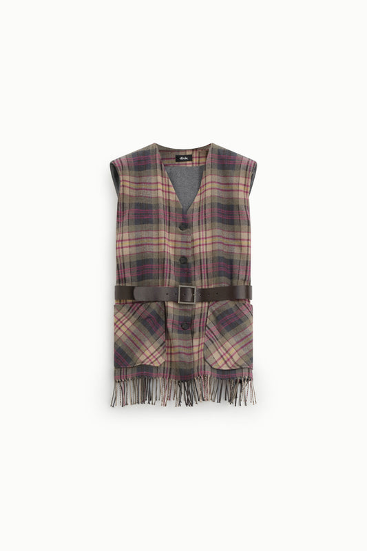 Gilet a quadri con cintura e frange