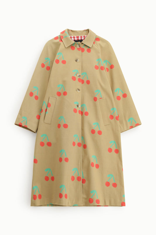 Cappotto lungo stampa ciliegie bottoni visibili