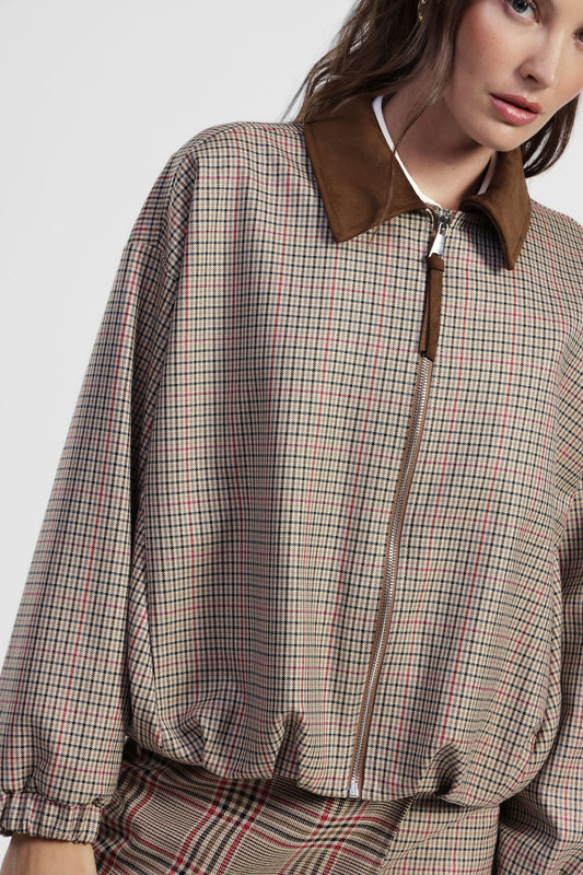 Giubbotto corto a quadri con colletto effetto suede