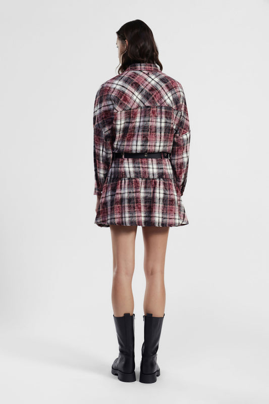 Gonna corta a quadri con cintura e balze