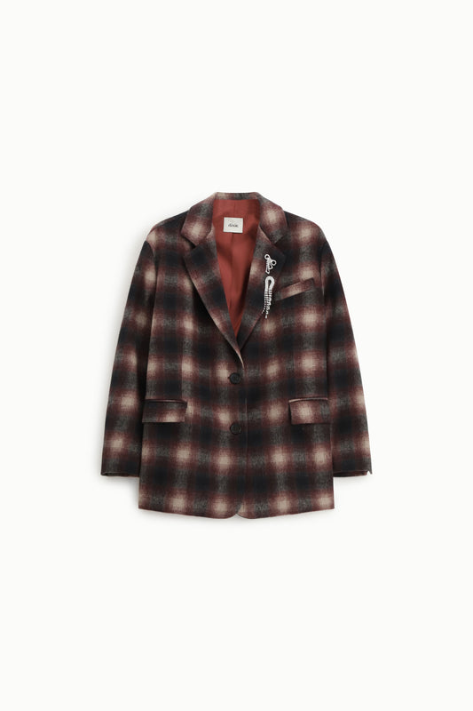 Blazer a quadri con spilla decorativa e tasche