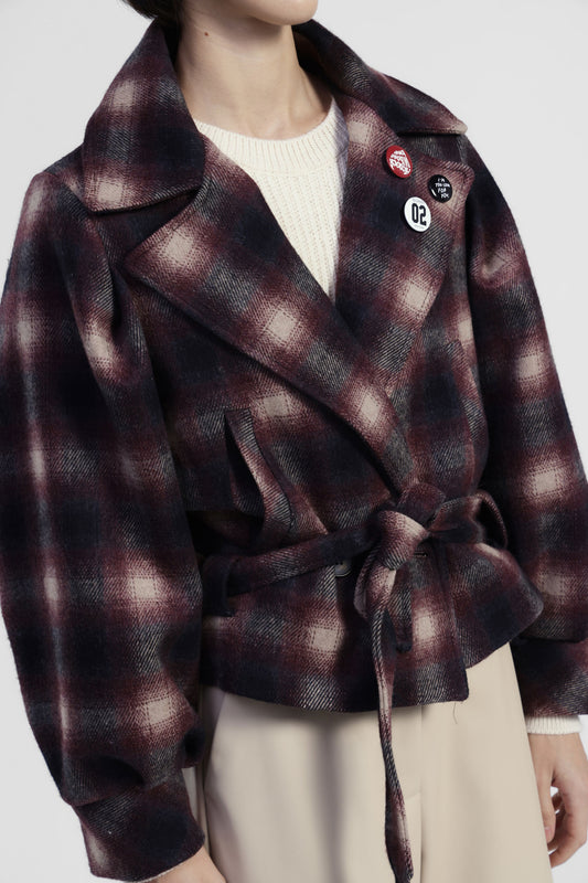 Cappotto corto stampa check con cintura