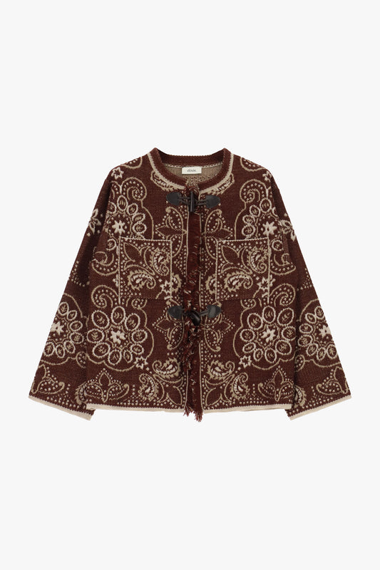 Cardigan jacquard con chiusura a alamari e tasche