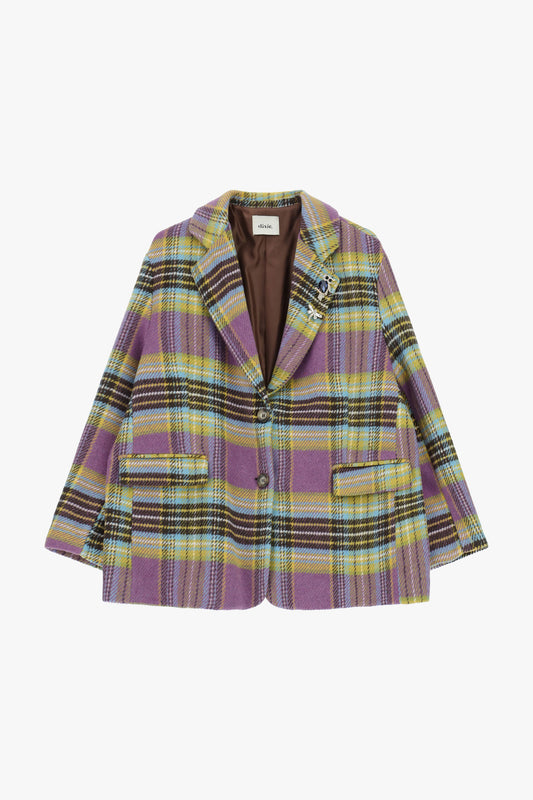 Blazer a quadri con tasche frontali e spilla decorativa