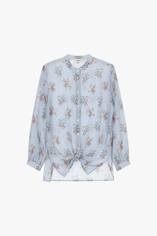 Camicia a quadretti con fantasia floreale e nodo frontale