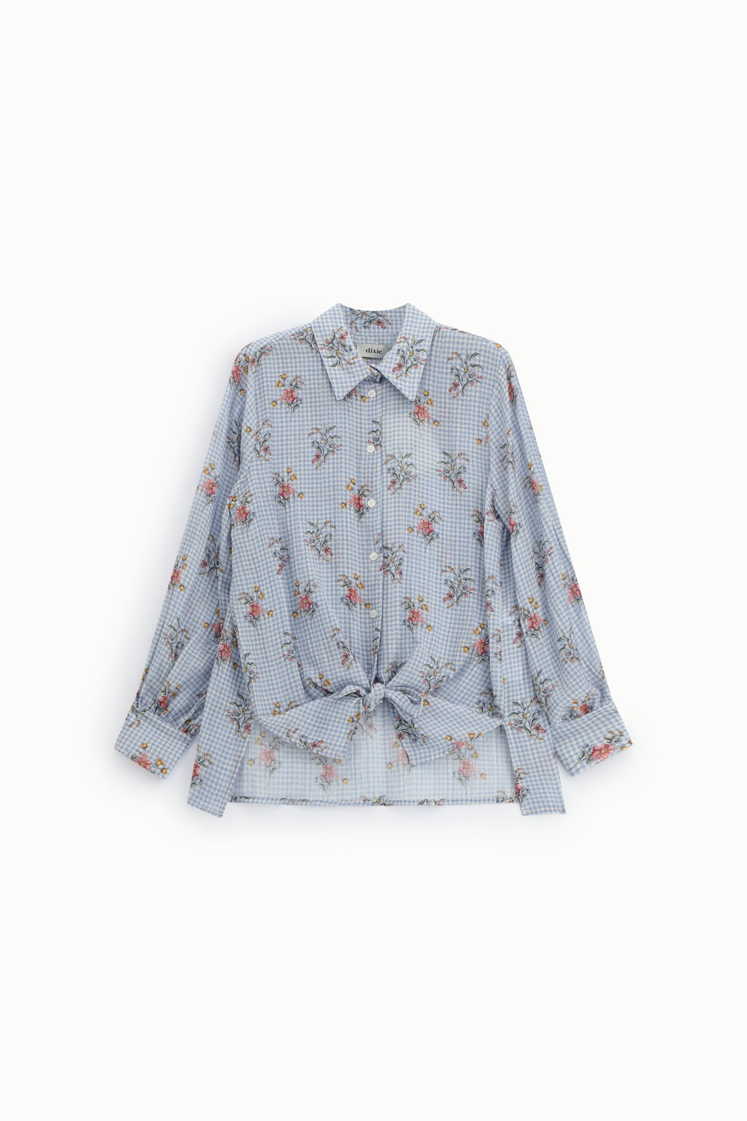 Camicia a quadretti con nodo frontale e stampa floreale