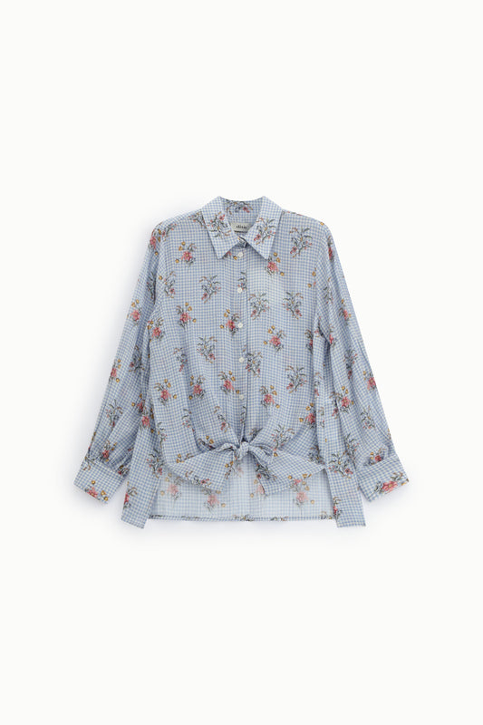 Camicia a quadretti con nodo frontale e stampa floreale