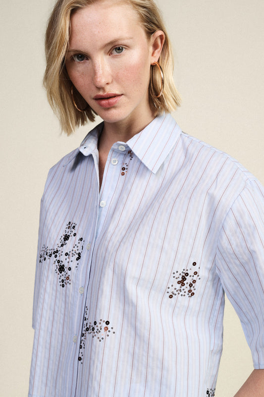 Camicia ampia a righe con fiori e maniche corte