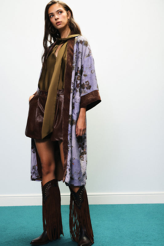 Cappotto duster con stampa floreale e profili a contrasto