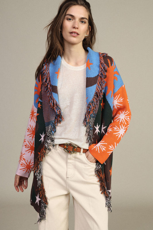 Cardigan stampa stelle con frange e cintura