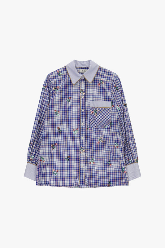 Camicia a quadri con ricami floreali e taschino