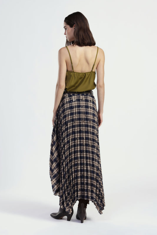 Gonna lunga a quadri con orlo asimmetrico e cintura