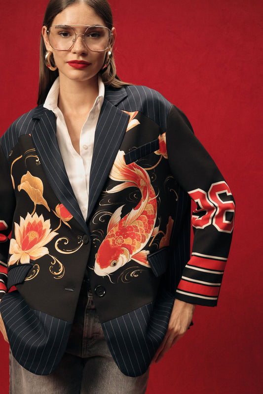 Blazer a righe con stampa carpa e fiori