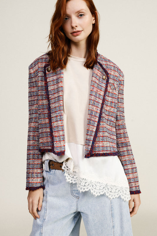 Tweed jacket corta con dettagli sfrangiati