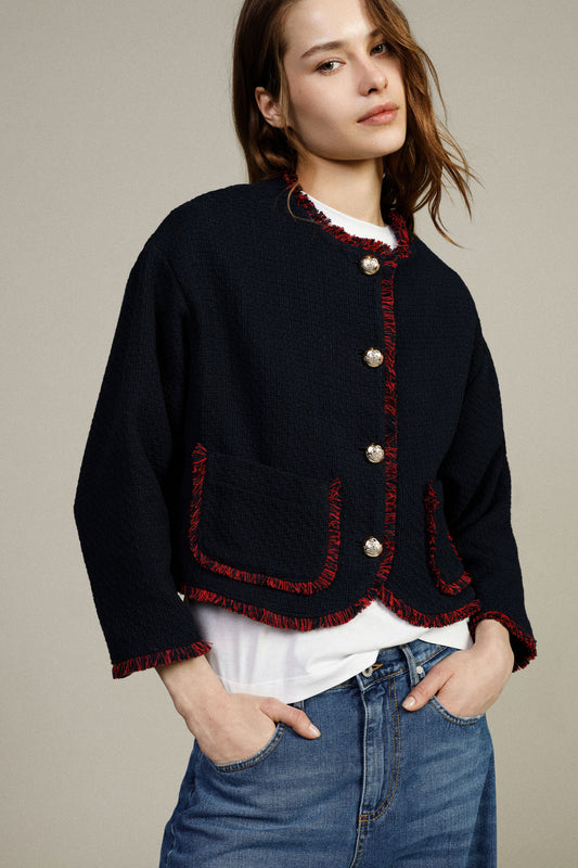 Giacca tweed corta con profili sfrangiati
