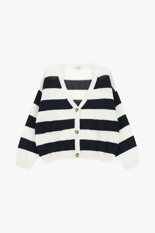 Cardigan a righe con tasche frontali e bottoni