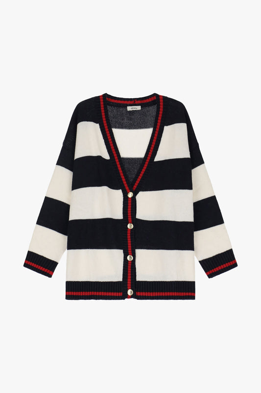 Cardigan a righe con bottoni e scollo a v