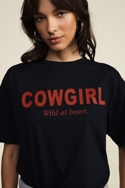 T-shirt a maniche corte stampa frontale cowgirl