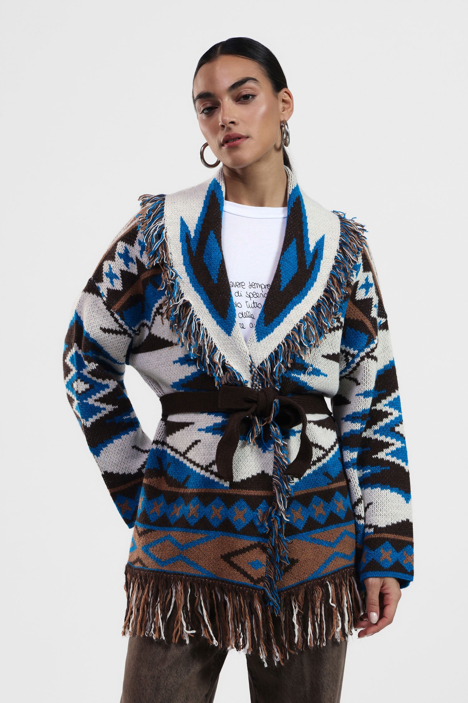 Cardigan con frange e cintura