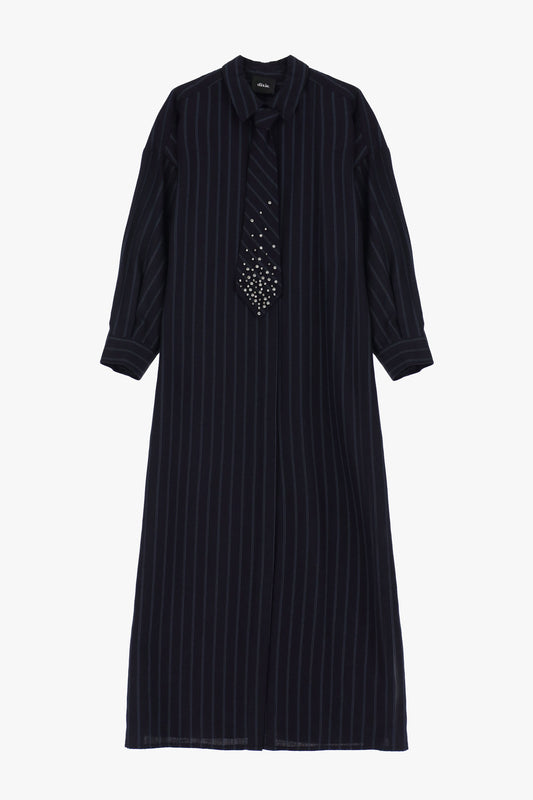 Abito lungo a righe con colletto classico e spacco
