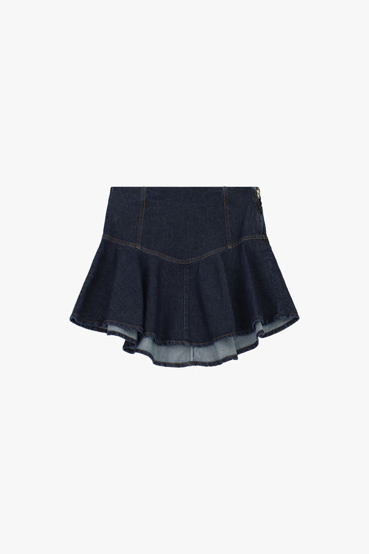 Gonna corta denim con balza svasata