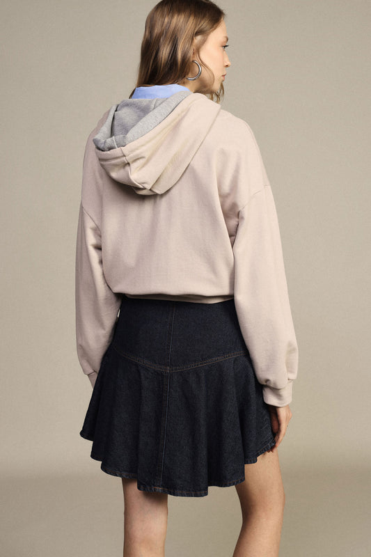 Gonna corta denim con balza svasata