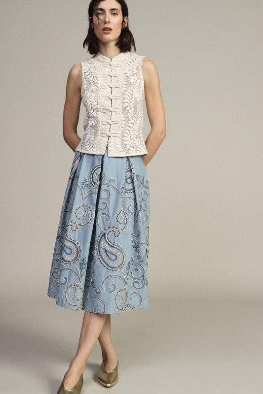 Gonna a pieghe fantasia paisley media lunghezza