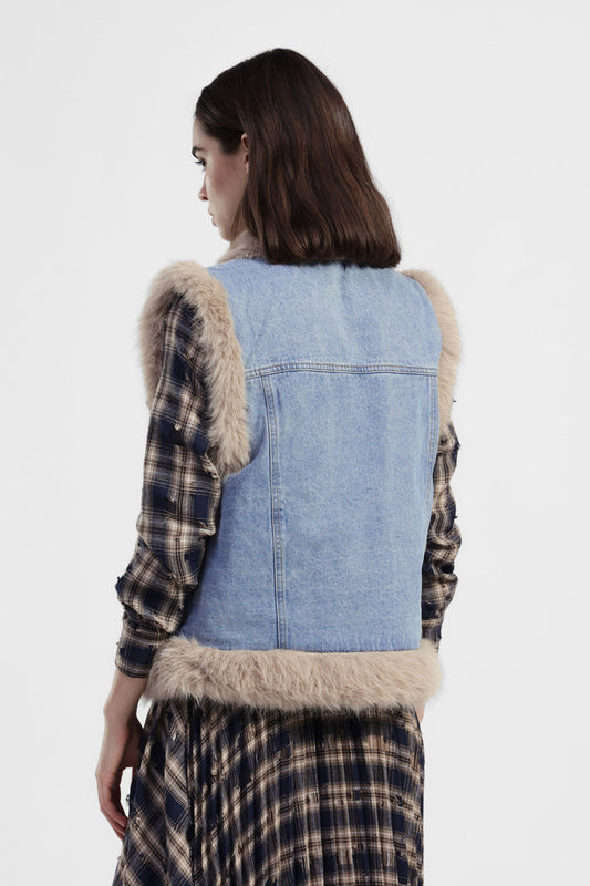 Gilet senza maniche in denim con dettagli in pelliccia