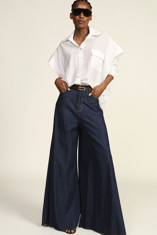 Pantaloni palazzo denim vita alta orlo sfrangiato