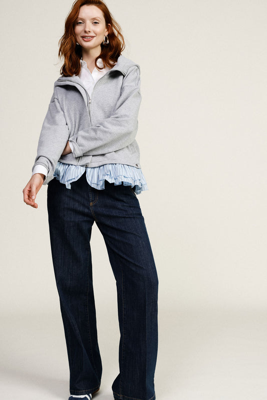 Pantaloni palazzo denim vita media cuciture a vista