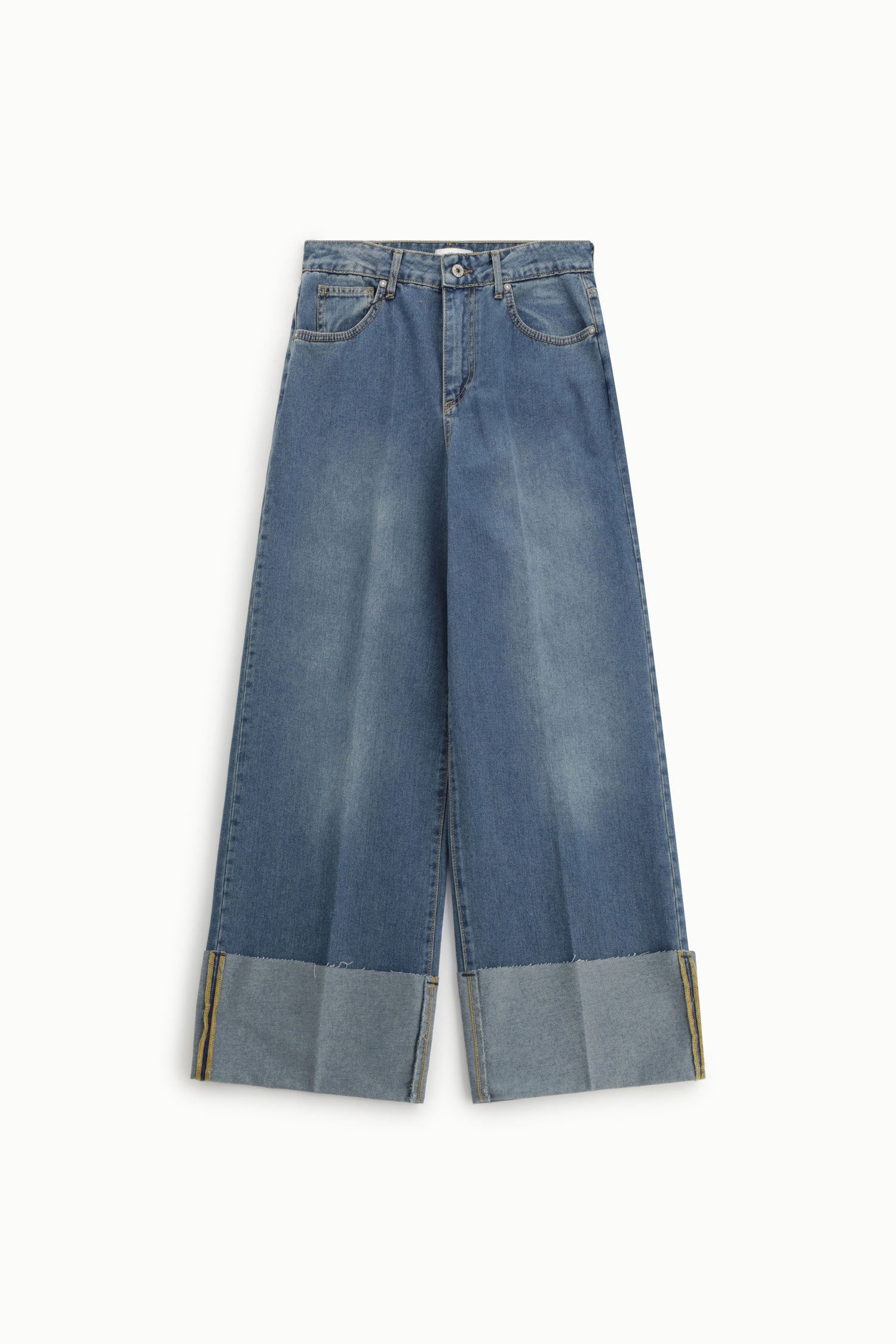 Jeans wide leg a vita alta con risvolto