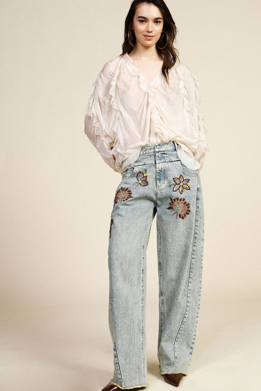 Jeans wide leg ricami floreali vita alta