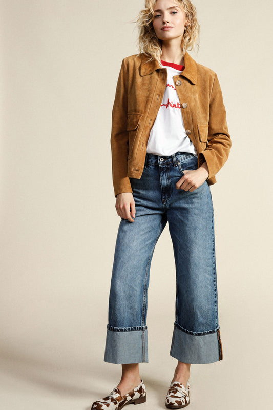 Jeans wide leg con risvolto alto