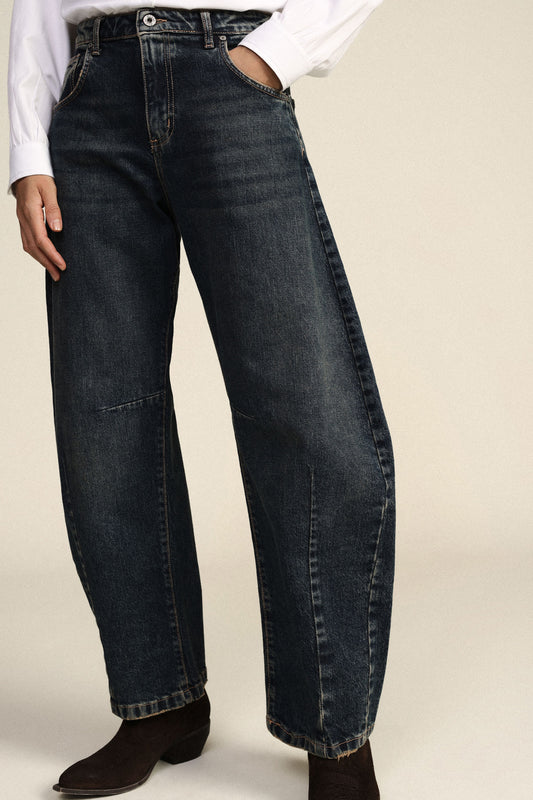 Jeans balloon fit vita alta cuciture visibili