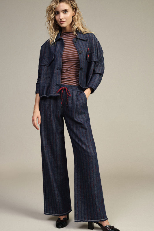 Pantaloni palazzo a righe con coulisse e fondo vivo