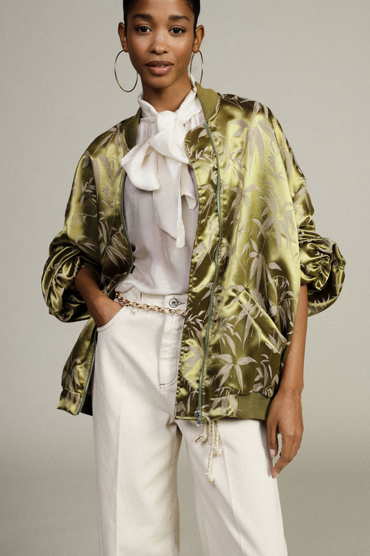 Bomber oversize con motivo vegetale e zip frontale