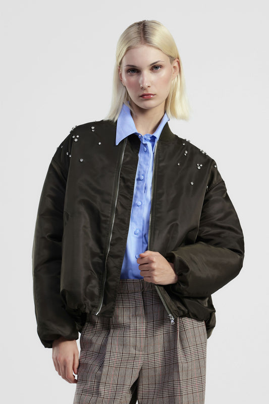 Bomber jacket con perle applicate e fondo arricciato