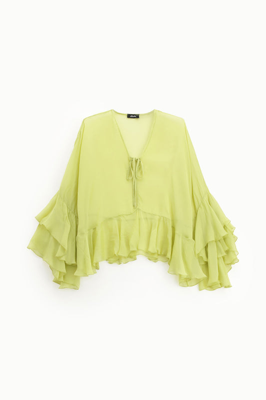 Blusa con maniche lunghe volant e scollo a v