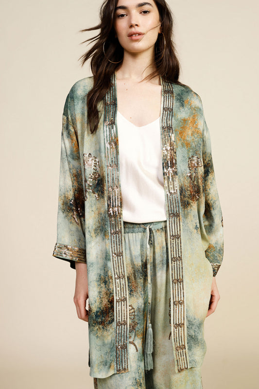 Blazer stampa floreale decoro paillettes senza chiusura