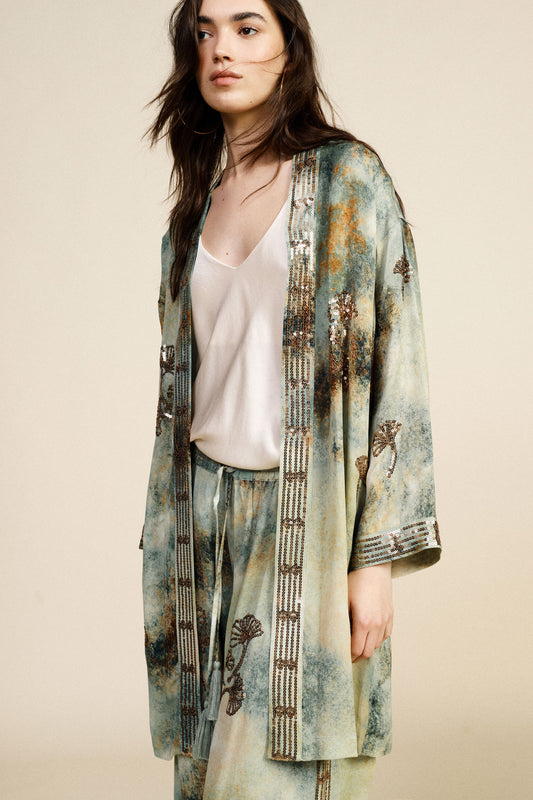 Blazer stampa floreale decoro paillettes senza chiusura