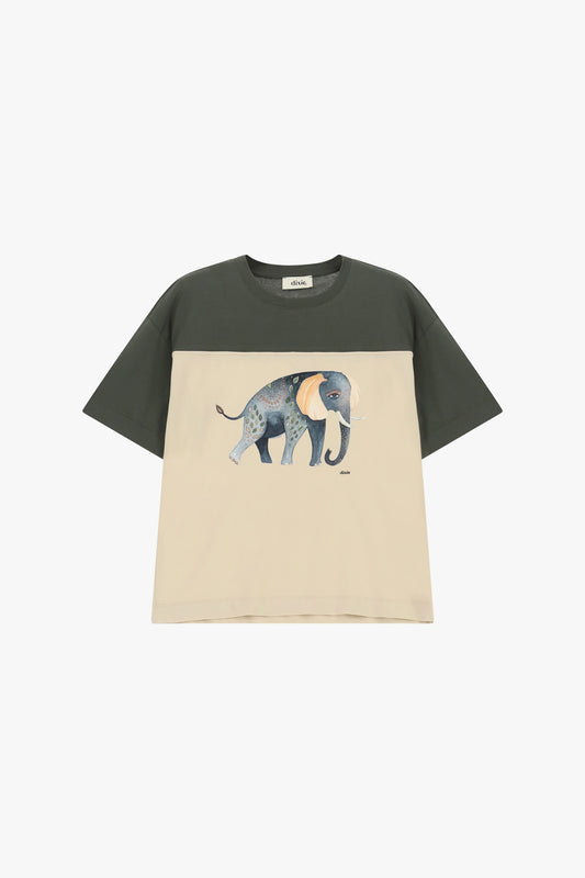 T-shirt maniche corte stampa elefante e inserti a contrasto