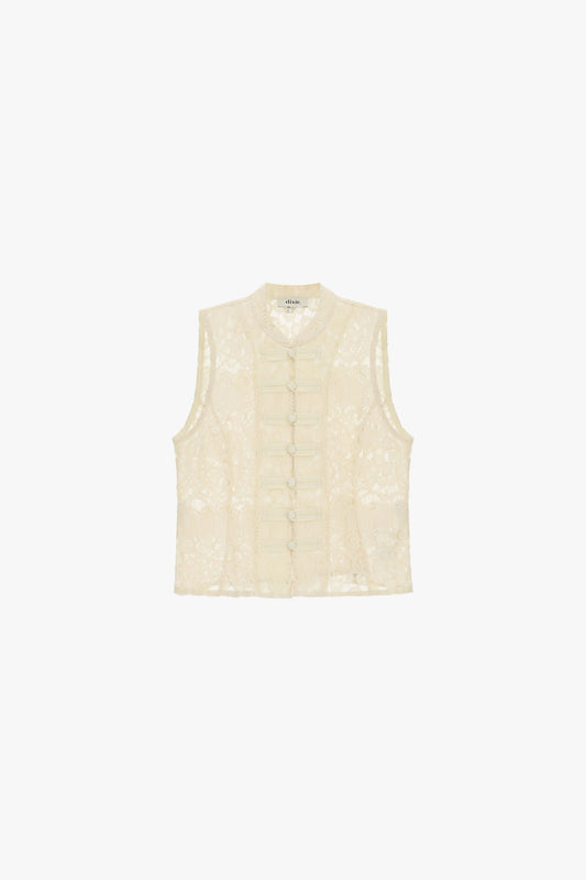 Top smanicato in pizzo con bottoni decorativi