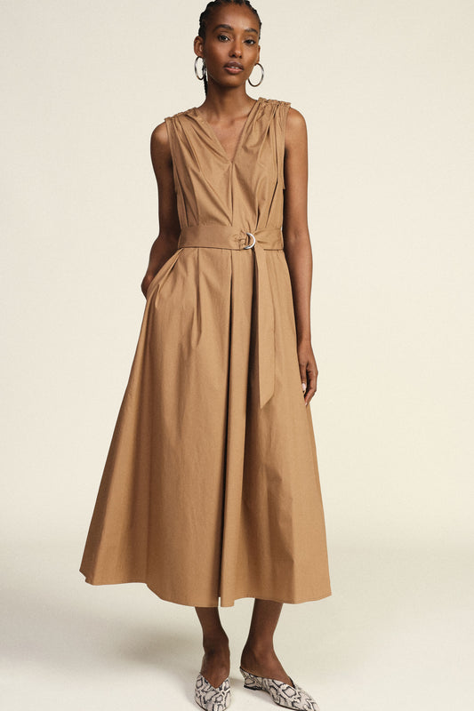 Abito midi senza maniche con cintura v-neck