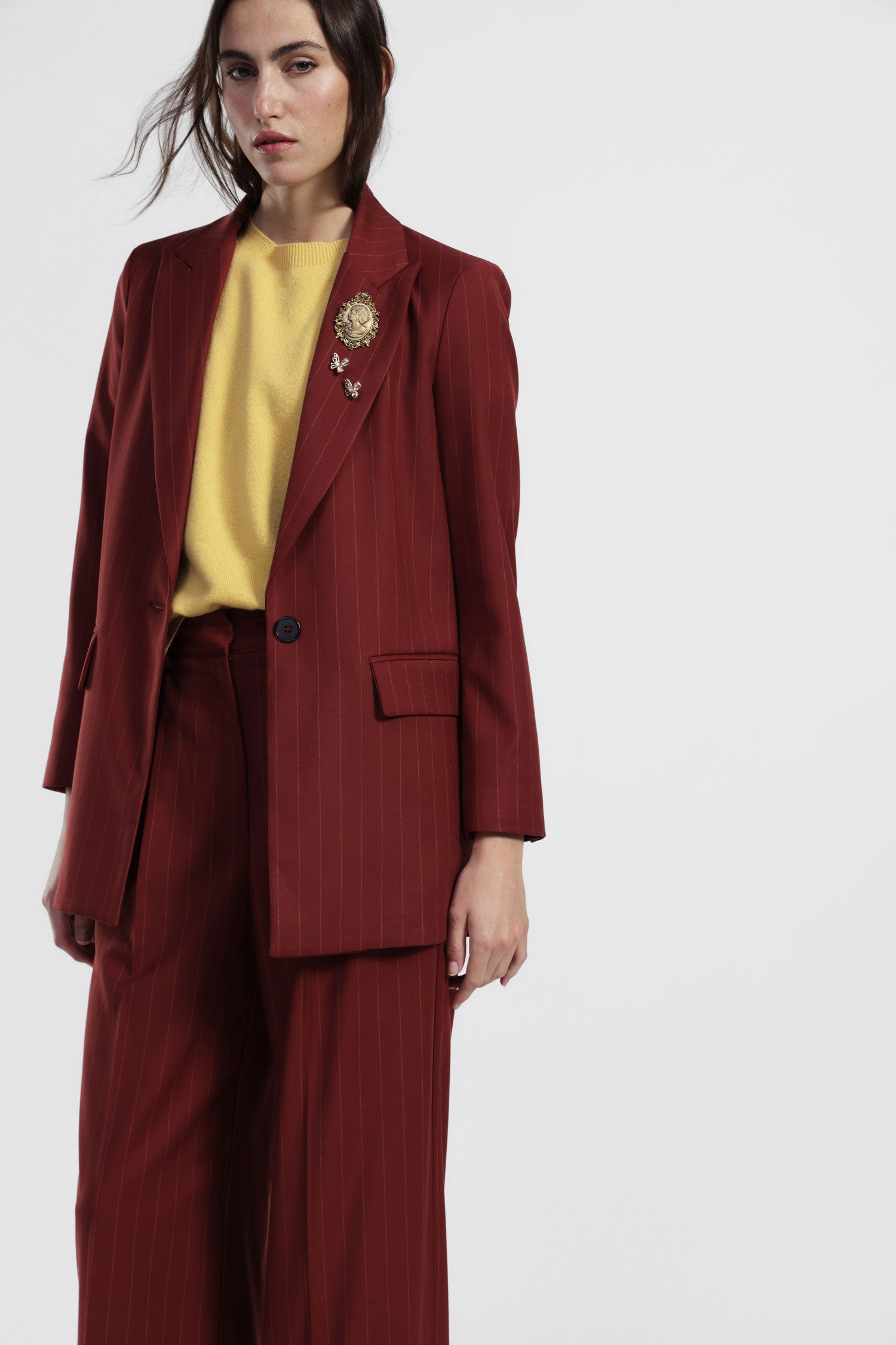 Blazer a righe con chiusura monopetto e spille
