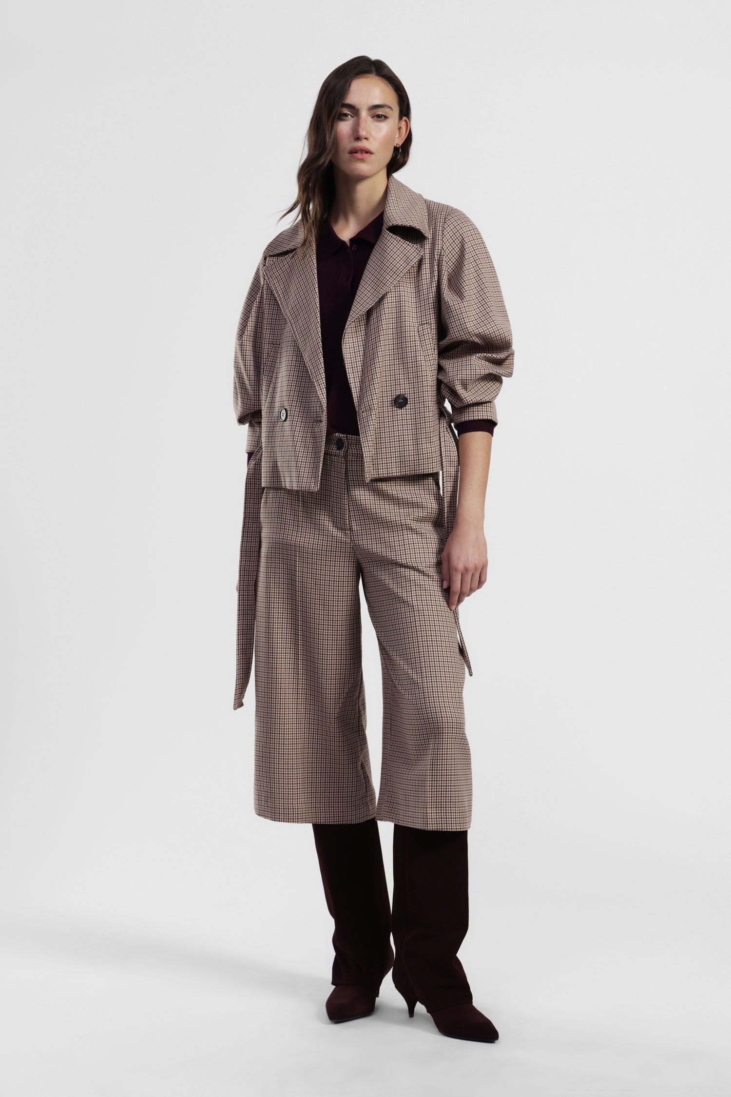 Pantaloni palazzo fantasia pied-de-poule vita alta