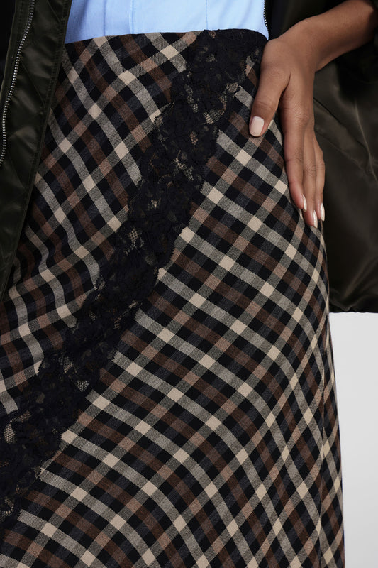 Gonna midi a quadri con bordo in pizzo