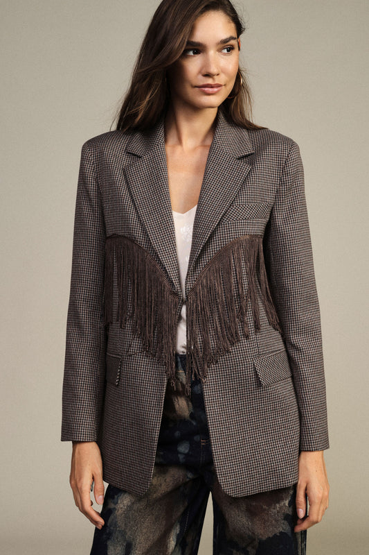 Blazer a quadretti con frange decorative e tasche
