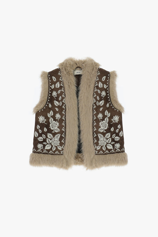 Gilet smanicato con ricamo floreale e profili pelosi